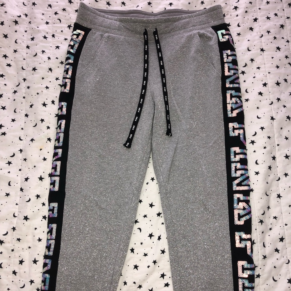 Victoria’s Secret PINK silver sparkly sweatpants with sequin logos down sides